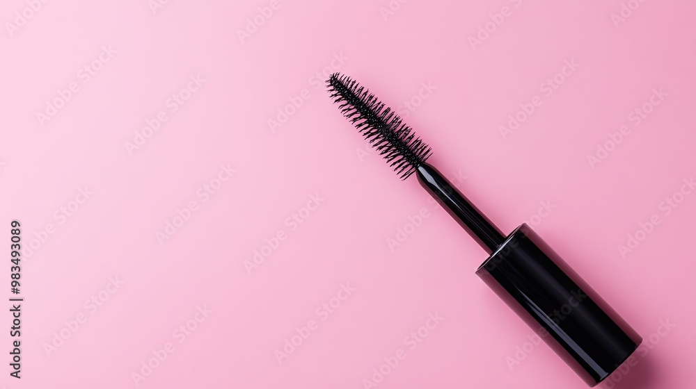 Black mascara wand on pink. Perfect for beauty, fashion, or cosmetic advertising. Black mascara wand on pink. Perfect for beauty, fashion, or cosmetic advertising.