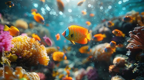 Beautiful tropical coral reef teeming with a vibrant shoal of coral fish swimming among colorful corals. Ideal for marine life, underwater scenes, ocean wildlife, and aquatic-themed visuals