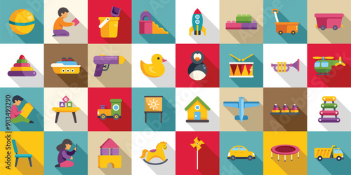 Children playroom icons set. Children toys flat icons set with a boy playing with blocks and a girl using a tablet
