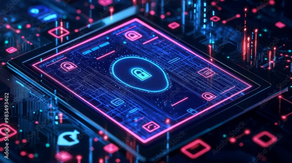 Face ID Log in Scan Tablet screen with a facial scan animation, surrounded by cybersecurity symbols like locks and shields, no face, 3D illustration Face ID Log in Scan Tablet screen with a facial scan animation, surrounded by cybersecurity symbols like locks and shields, no face, 3D illustration