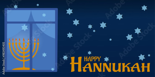 Jewish holiday Hanukkah background with menorah The Menorah in the window. Vector illustration
