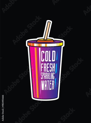 Fast food plastic cup with straw. Hot or cold drink. Original vector illustration in vintage style.