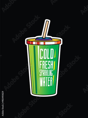 Fast food plastic cup with straw. Hot or cold drink. Original vector illustration in vintage style.