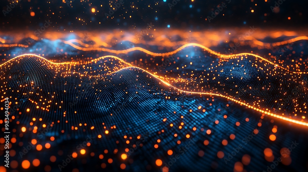 A futuristic 3D illustration of cyber data fields connected by a web of luminous lines. The image highlights the flow of big data across a blockchain network, with nodes pulsing as data streams A futuristic 3D illustration of cyber data fields connected by a web of luminous lines. The image highlights the flow of big data across a blockchain network, with nodes pulsing as data streams