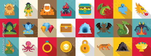 Guard treasure icons set. Collection of fantasy role playing game icons showing heroes, monsters, treasures and magical items