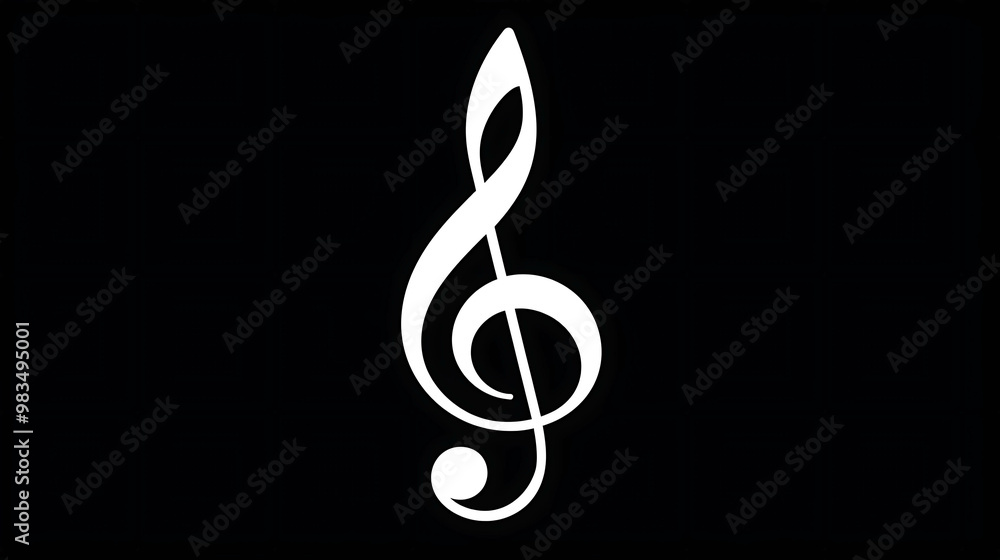 A white treble clef on a black background. A white treble clef on a black background.