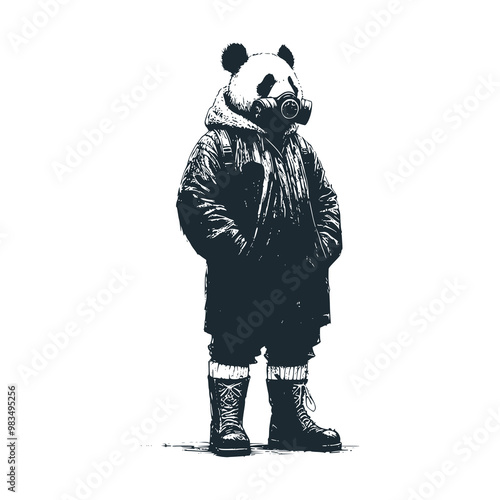 Panda stood up and put his hands in his pockets.. Black white vector illustration