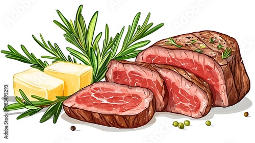 Sliced steak with herbs and butter, transparent background, flat design illustration