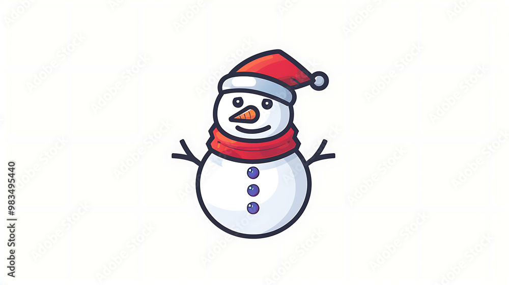 Cute cartoon snowman wearing a red Santa hat and scarf.