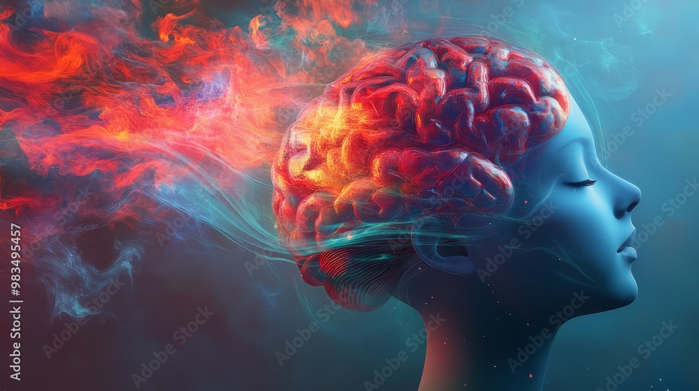 Ethereal Brain Concept with Colorful Smoke and Profile Silhouette Ethereal Brain Concept with Colorful Smoke and Profile Silhouette