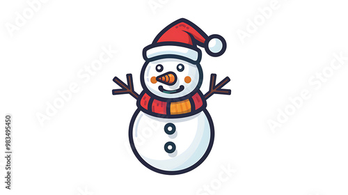 A happy cartoon snowman with a red hat and scarf.