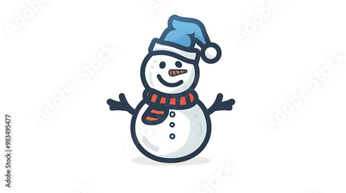 A friendly cartoon snowman wearing a blue hat and red scarf.