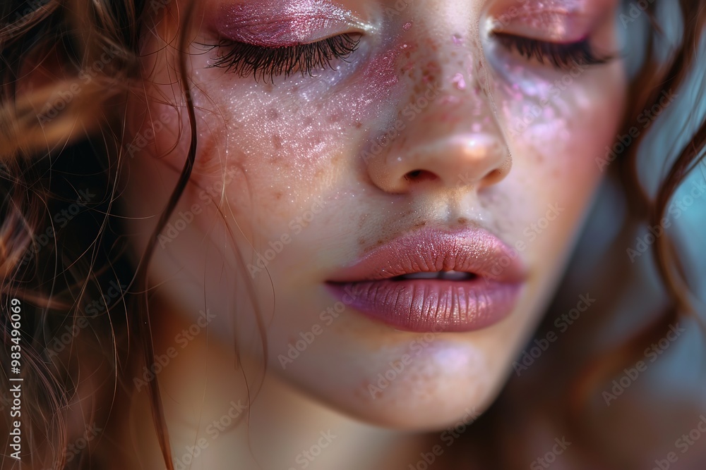 Close up of pink makeup on woman's closed eyes Close up of pink makeup on woman's closed eyes