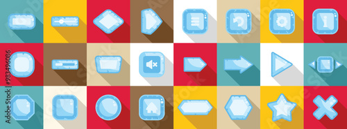 Ice blocks icons set. Collection of glassy buttons with a cool, icy texture, ideal for enhancing the visual appeal of your game interface