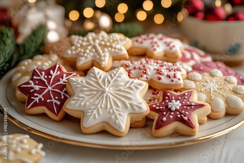 A beautifully arranged platter of Christmas cookies, gingerbread men, sugar cookies, and thumbprint cookies, set on elegant table setting