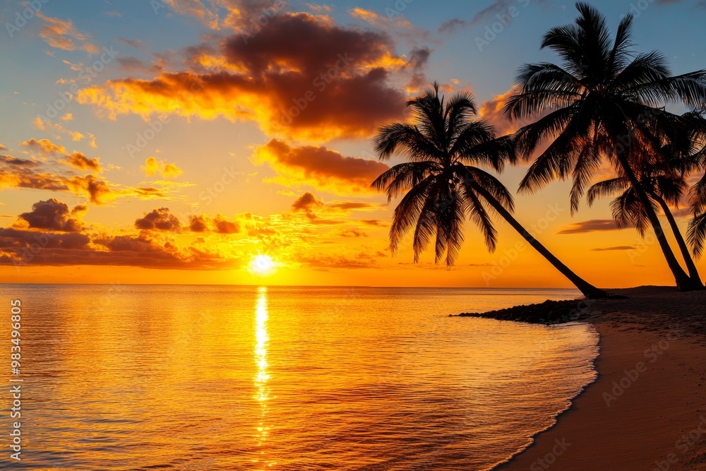 A vibrant sunset over the ocean, with a golden sky and palm trees silhouetted against the horizon A vibrant sunset over the ocean, with a golden sky and palm trees silhouetted against the horizon