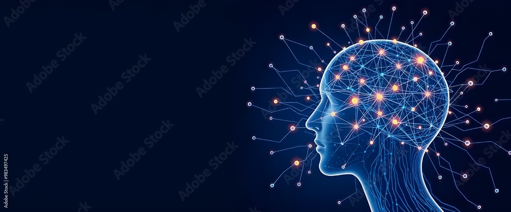 Artificial Intelligence and clusters of neural networks connecting to a human head on a dark blue background vector illustration with copy space for text web banner, poster or cover design. Artificial Intelligence and clusters of neural networks connecting to a human head on a dark blue background vector illustration with copy space for text web banner, poster or cover design.