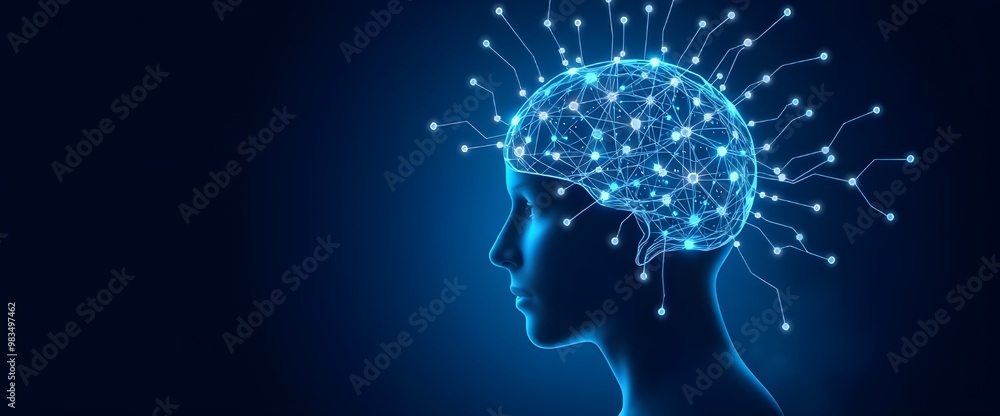 Fototapeta premium Artificial Intelligence and clusters of neural networks connecting to a human head on a dark blue background vector illustration with copy space for text web banner, poster or cover design.