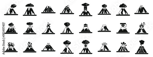 Volcano explosion icons set. Set of volcanoes erupting with smoke and lava flowing down their sides