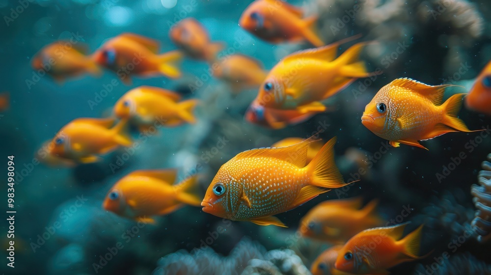 Stunning tropical coral reef teeming with life, showcasing a vibrant shoal of Goldbelly Cardinalfish (Apogon apogonides) swimming gracefully among colorful corals. Perfect for marine and oceanic Stunning tropical coral reef teeming with life, showcasing a vibrant shoal of Goldbelly Cardinalfish (Apogon apogonides) swimming gracefully among colorful corals. Perfect for marine and oceanic