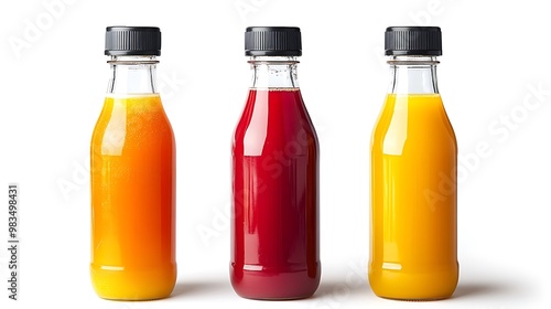 Three bottles of colorful juices displayed side by side.