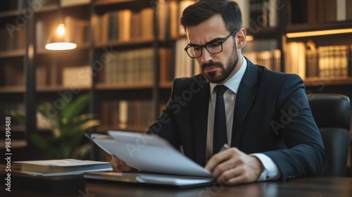 Businessman reviewing documents at a desk with a bookshelf in the background