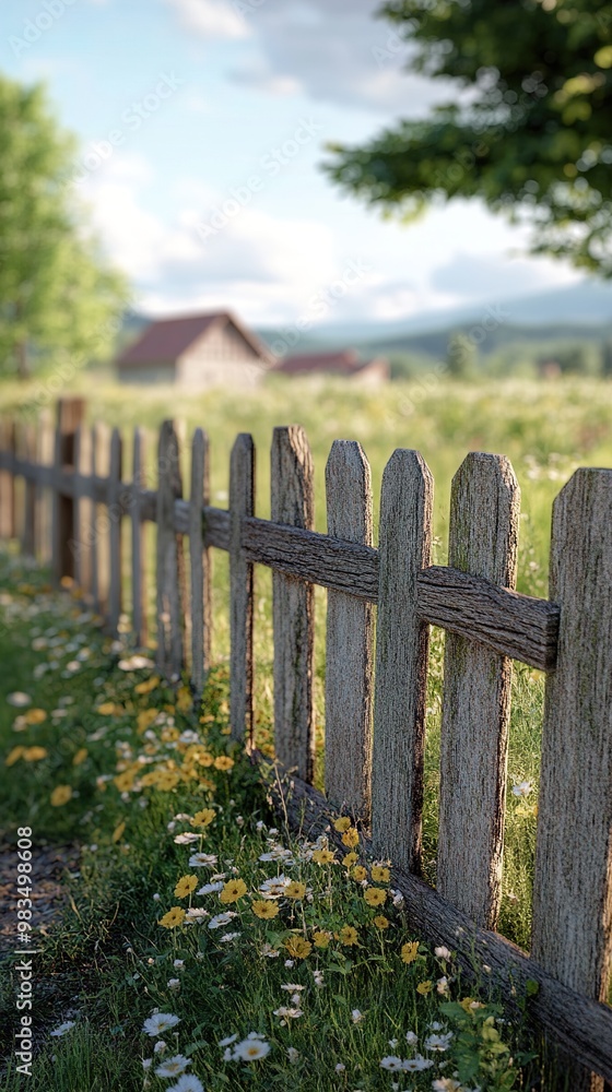 Wooden Fence in a Lush Meadow with Wildflowers Wooden Fence in a Lush Meadow with Wildflowers