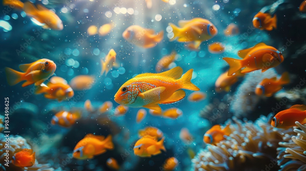 Stunning tropical coral reef teeming with life, showcasing a vibrant shoal of Goldbelly Cardinalfish (Apogon apogonides) swimming gracefully among colorful corals. Perfect for marine and oceanic Stunning tropical coral reef teeming with life, showcasing a vibrant shoal of Goldbelly Cardinalfish (Apogon apogonides) swimming gracefully among colorful corals. Perfect for marine and oceanic