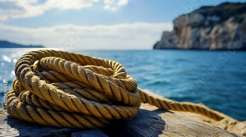 A coiled rope resting on a dock with a scenic view of water and cliffs in the background.