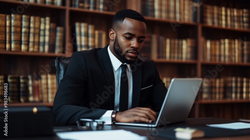 Man in Suit Using Laptop in a Library Setting