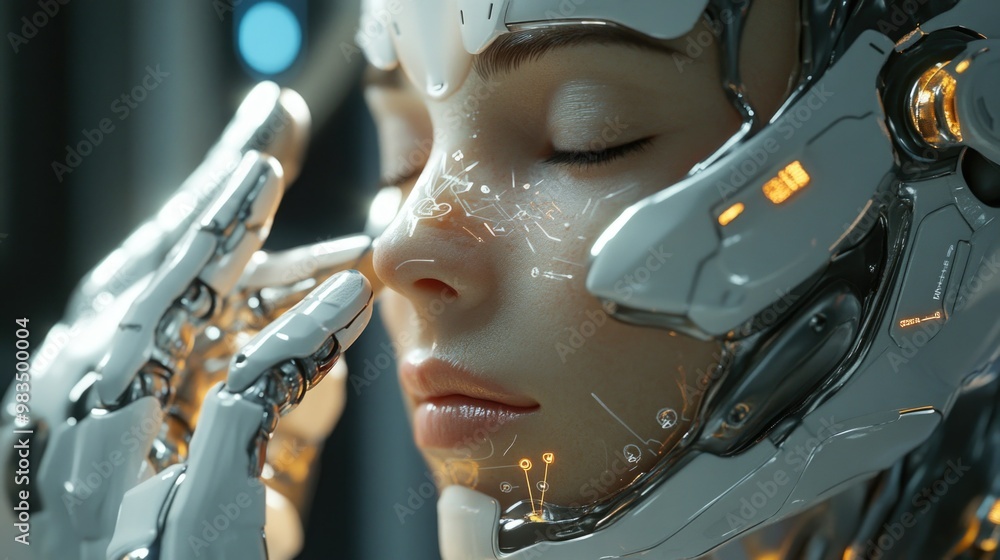 Close-up of a dark-skinned woman undergoing robotic beauty treatment in a high-tech neon salon. . The concept of advanced cosmetology and robotic solutions for skin care. AI. Close-up of a dark-skinned woman undergoing robotic beauty treatment in a high-tech neon salon. . The concept of advanced cosmetology and robotic solutions for skin care. AI.