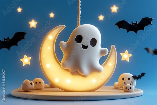 Spoopy ghost swinging on a crescent moon, with glowing stars and cute bats around it photo