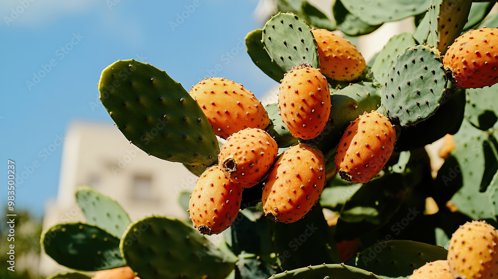 Close-up of ripe prickly pears on a cactus under bright sky Close-up of ripe prickly pears on a cactus under bright sky