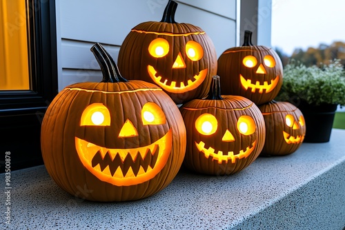 Spoopy jack-oâ€™-lanterns sitting on a porch, all smiling with friendly faces and glowing eyes photo