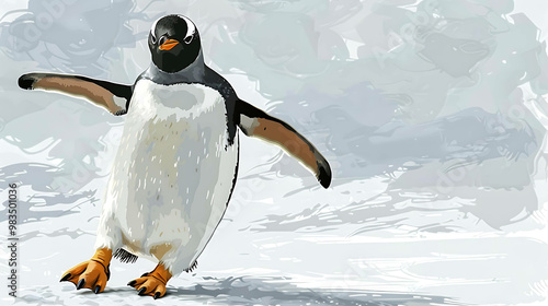 A penguin waddling on snow with a blurry background. photo