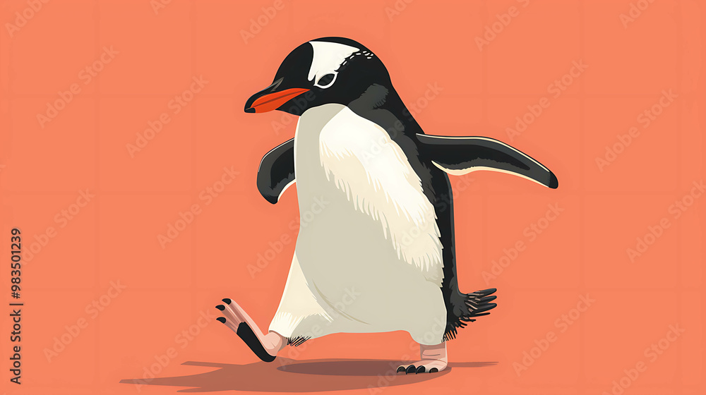 Obraz premium A cartoon penguin walking on an orange background.
