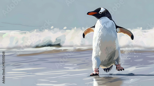 A single penguin walks across the beach with a wave crashing in the background.