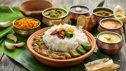 A traditional Indian meal featuring rice, various curries, and side dishes on a banana leaf.