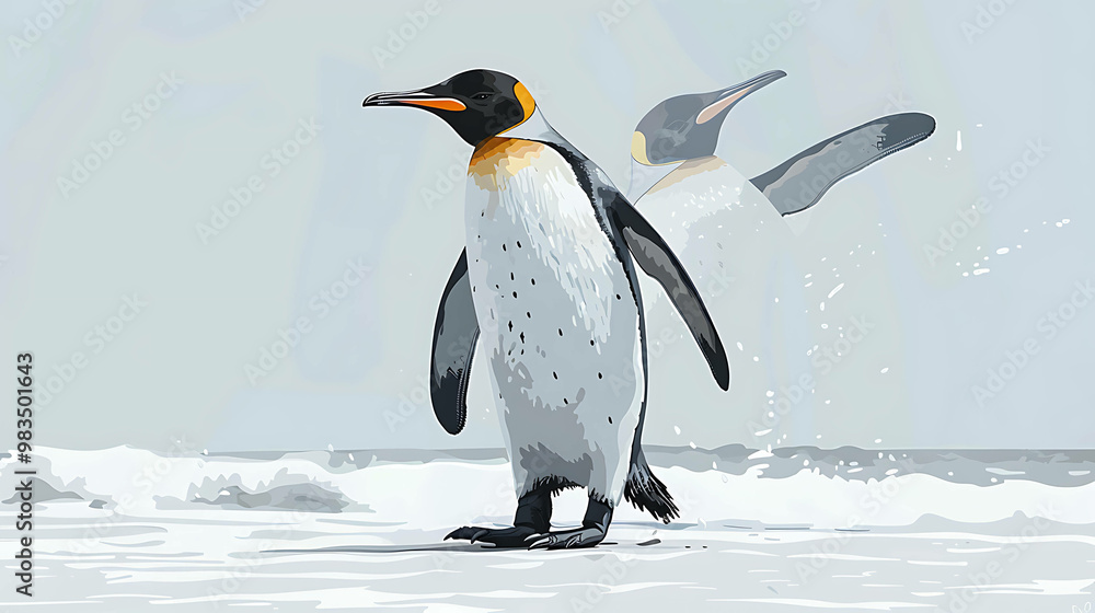 Obraz premium A lone king penguin wades through the surf, with another penguin leaping in the background.