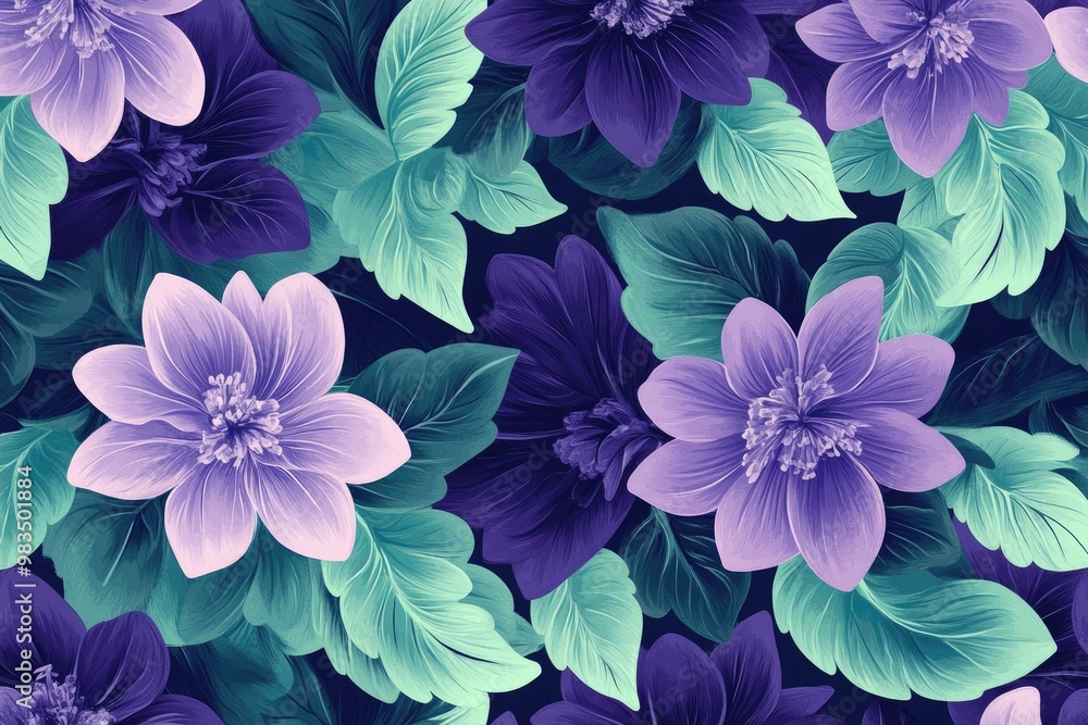 Purple flowers and green leaves on a dark background. Perfect for creating a floral pattern for a variety of uses. Purple flowers and green leaves on a dark background. Perfect for creating a floral pattern for a variety of uses.