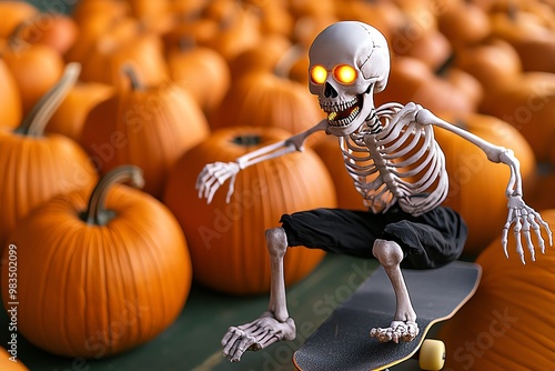 Spoopy skeleton with glowing bones, riding a skateboard through a pumpkin patch photo