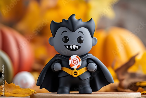 Spoopy vampire wearing a tiny cape, grinning with little fangs and holding a lollipop photo