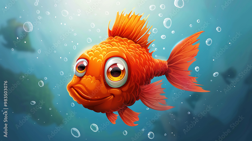 Fototapeta premium A cartoon goldfish with big eyes and a smile, swimming in an underwater scene.