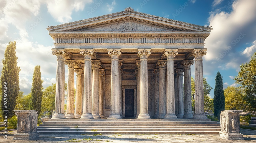Obraz premium Ancient Greek temple architecture showcasing Doric columns and marble facade image