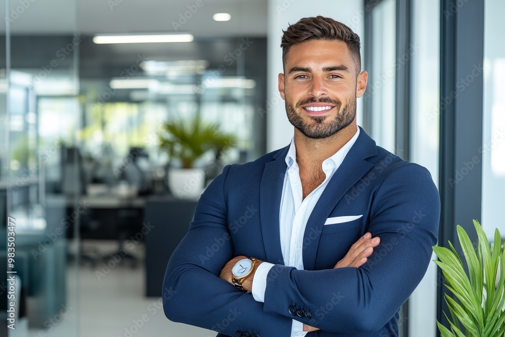 Obraz premium Business owner with arms crossed, standing in a modern office, symbolizing confidence and success