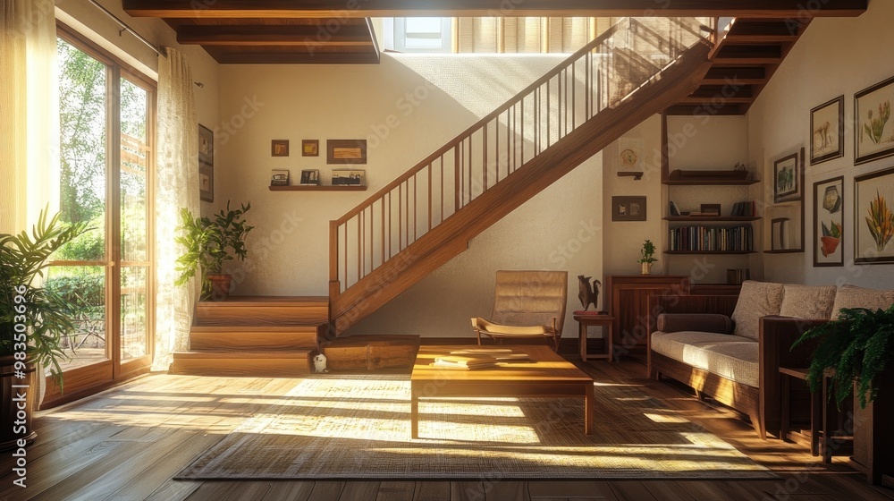 Fototapeta premium Farmhouse home interior design of modern living room with wooden staircase