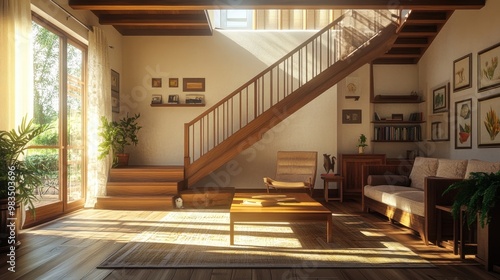 Farmhouse home interior design of modern living room with wooden staircase