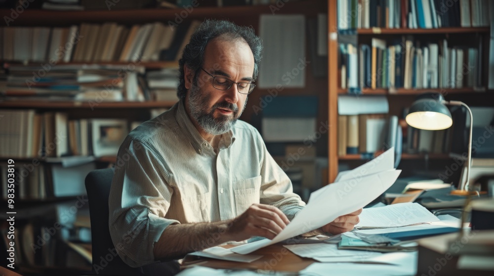 Man with Graying Beard and Glasses Reading Documents in a Library