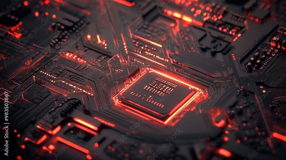 Macro close-up of components and microchips on a PC circuit board of a hard disk drive, highlighting intricate details and technology in data storage Macro close-up of components and microchips on a PC circuit board of a hard disk drive, highlighting intricate details and technology in data storage