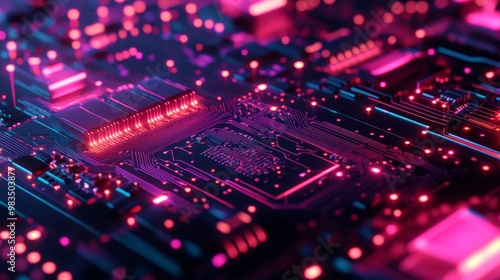 3D rendering of cyberpunk AI featuring intricate circuit board design, showcasing central computer processors CPU and GPU concepts on a motherboard in a technology science background photo